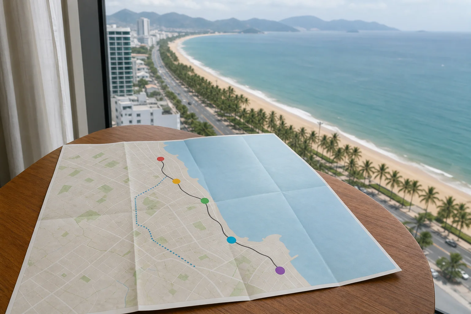 나트랑 해변과 시내 도로를 보며 4박5일 이동 순서를 표시한 여행 일정표